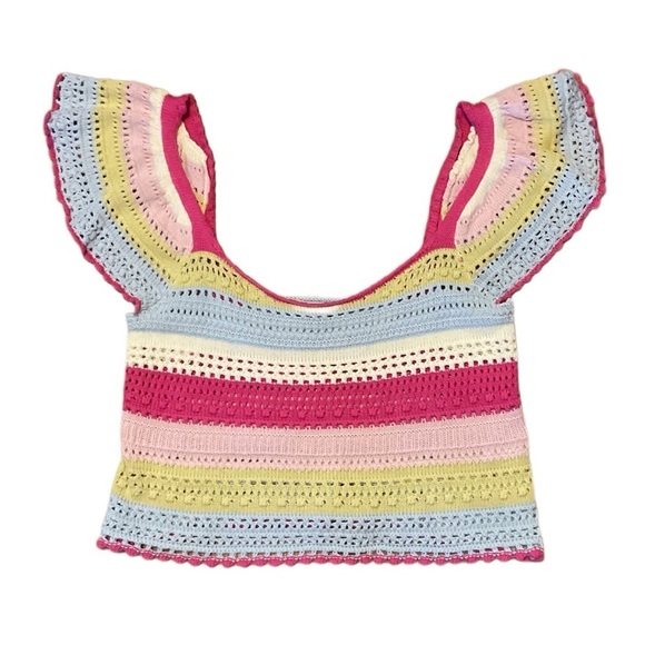 Sincerely Jules Rainbow Stripe Crochet Flutter Sleeve Colorful Crochet Crop Top - Picture 1 of 6
